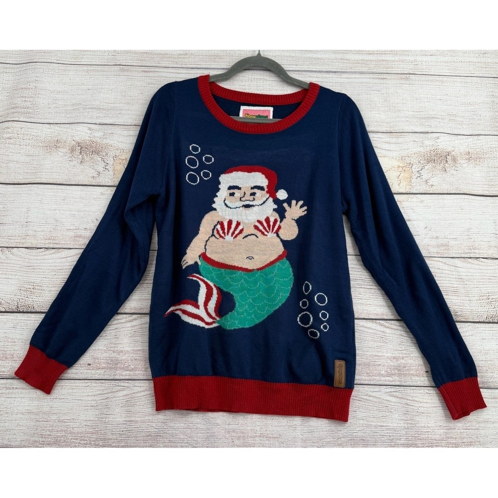 Tipsy Elves Merman Santa Sweater Mens Medium Blue Red Ugly Christmas